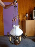 Massieve luchter met koper en hout.  5 lichtpunten en 1 lamp, Ophalen, Nieuw, Glas