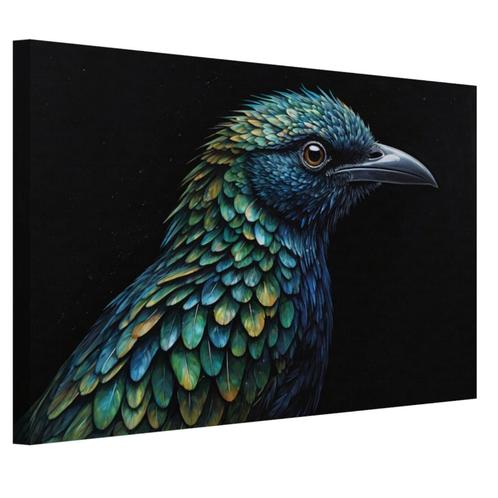 Blauwgroene vogel schilderij canvas 60x40cm - 18mm., Huis en Inrichting, Woonaccessoires | Wanddecoraties, Nieuw, Verzenden
