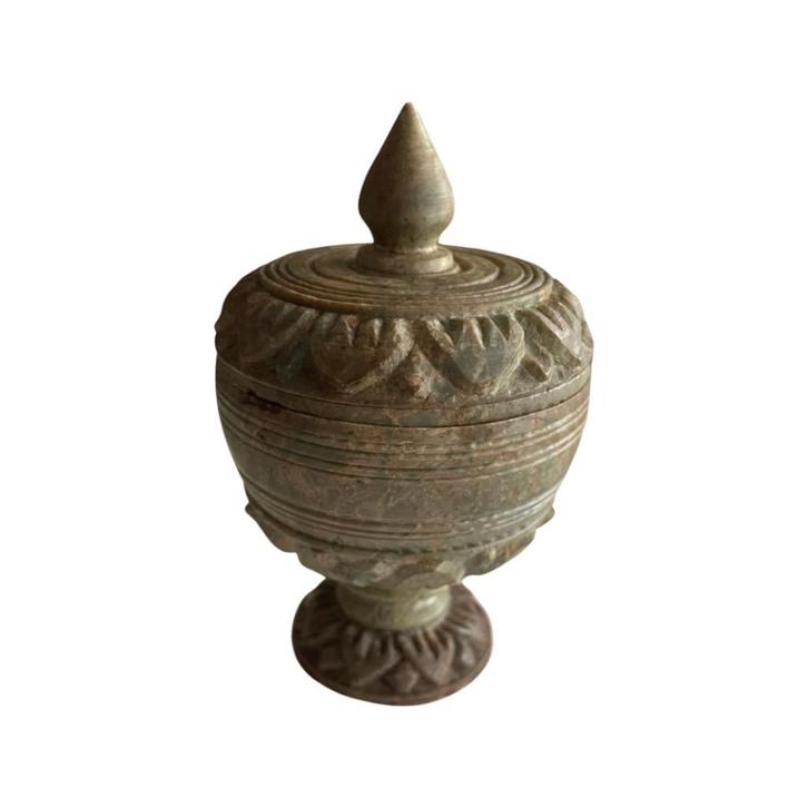 Kleine antieke stenen pot met deksel versierd met bloemen, Antiek en Kunst, Curiosa en Brocante, Ophalen of Verzenden