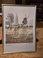 gravure ou dessin d'un paysage avec un moulin et une église., Enlèvement ou Envoi