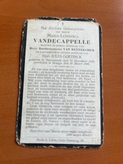 Rouwkaart M.Vandecapelle  Swevezeele 1838 + Brugge 1909, Verzamelen, Bidprentjes en Rouwkaarten, Rouwkaart, Verzenden