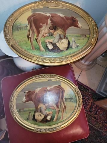2 bij elkaar horende schilderijen meisje melkt koeien beschikbaar voor biedingen