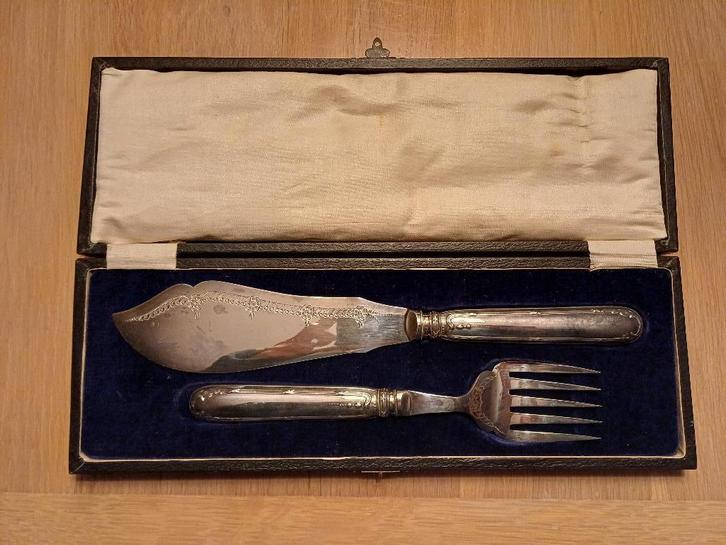 Verzilverd antiek vis-serveer bestek JD&S, Maison & Meubles, Cuisine | Couverts, Comme neuf, Ensemble de couverts, Enlèvement