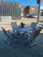 Teak houten terras tafel met stoelen, Ophalen, 4 zitplaatsen, Bijzettafel, Teakhout