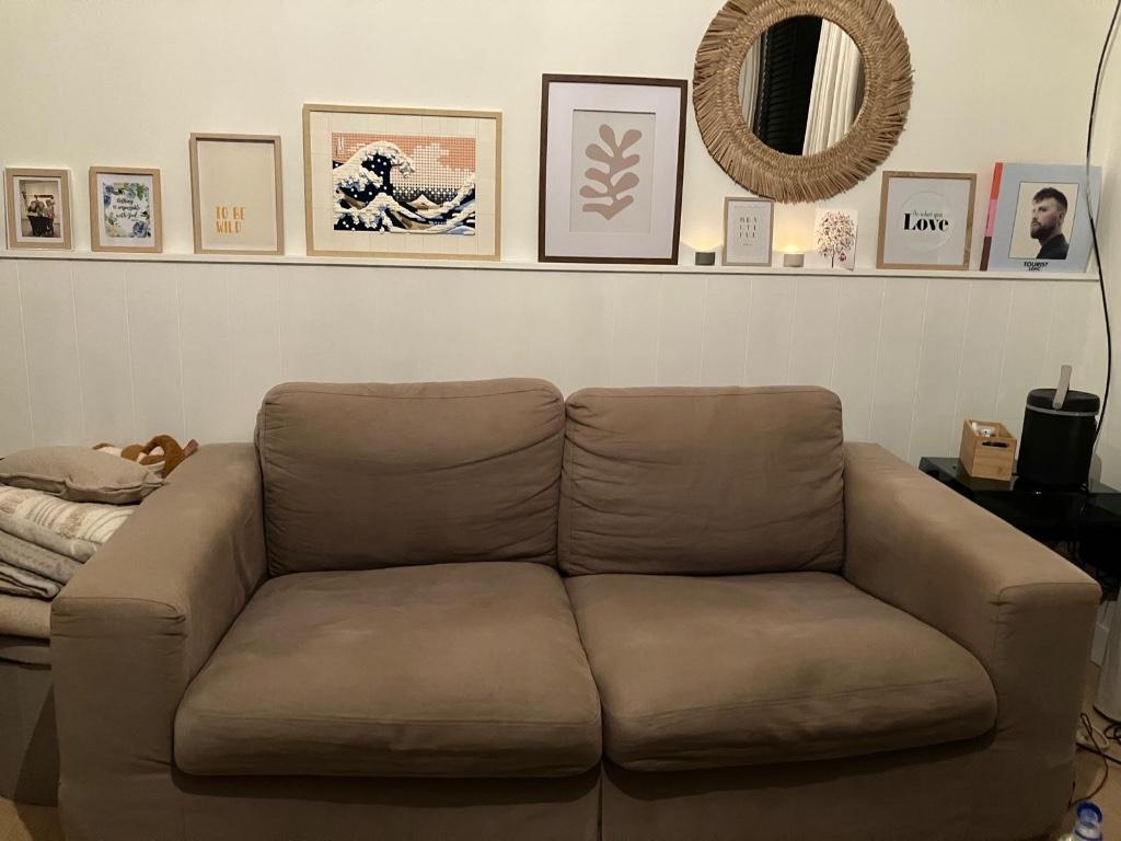 Bruin beige zetel, Maison & Meubles, Canapés | Salons, Utilisé, Banc droit, Deux personnes, 150 à 200 cm, 75 à 100 cm, Tissus