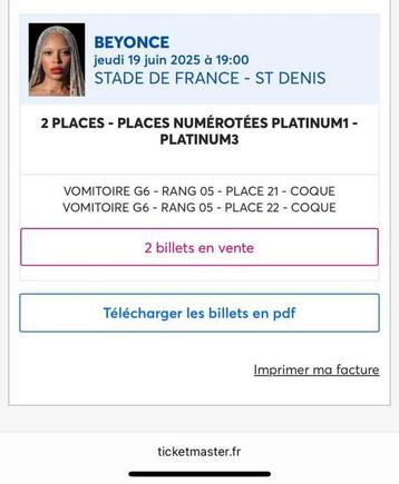 2 x platinum tickets - Beyonce Cowboy Carter Tour - 19/06 beschikbaar voor biedingen