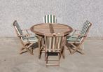 Ronde teak tafel met 4 teak stoelen + kussens, Tuin en Terras, Tuinsets en Loungesets, Ophalen, 4 zitplaatsen, Gebruikt, Teakhout