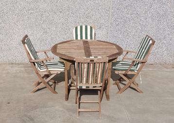 Ronde teak tafel met 4 teak stoelen + kussens, Tuin en Terras, Ophalen, 4 zitplaatsen, Gebruikt, Teakhout