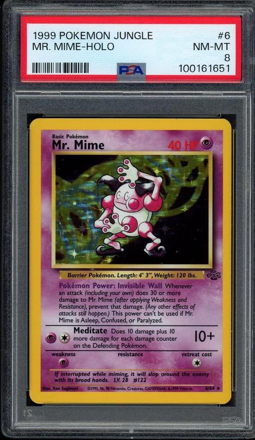 Mr. Mime Holo PSA 8 - 6/64 - Jungle 1999, Hobby en Vrije tijd, Verzamelkaartspellen | Pokémon, Zo goed als nieuw, Losse kaart