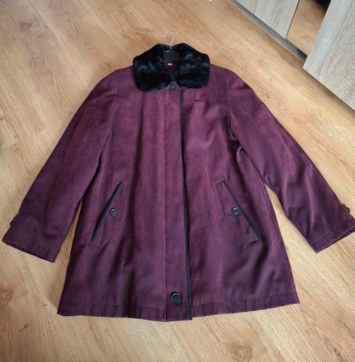 Paarse mantel met zwarte bontkraagje (nep, afhaalbaar)., Kleding | Dames, Jassen | Winter, Gedragen, Maat 38/40 (M), Paars, Ophalen of Verzenden
