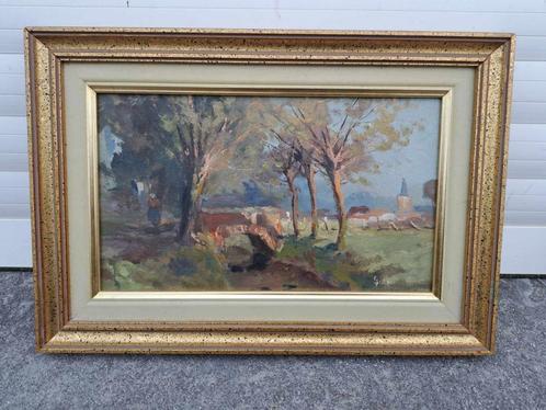 huile sur panneau village signe, Antiek en Kunst, Kunst | Schilderijen | Klassiek, Ophalen of Verzenden