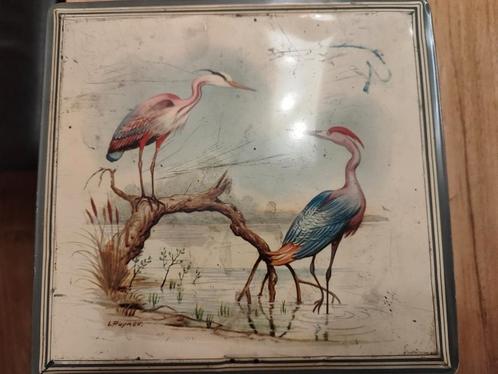 Plaatstaal doos met vogels zilverreiger reiger / Van Melle, Antiek en Kunst, Curiosa en Brocante, Ophalen of Verzenden