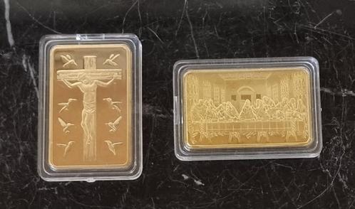 Goud vergulde munten "De kruisiging en "Het laatste avondmaa, Verzamelen, Religie, Zo goed als nieuw, Ophalen of Verzenden