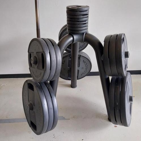 250 kilo technogym pu Olympische Gewichten + technogym rack, Sport en Fitness, Fitnessmaterialen, Zo goed als nieuw, Ophalen