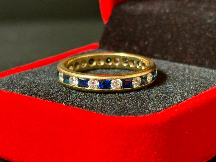 18 karaat gouden ring natuurlijke diamant en saffier 1.68ct!, Handtassen en Accessoires, Ringen, Dame of Heer, 18 tot 19, Geel