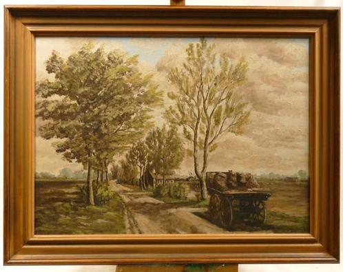 Schilderij, landschap met kar, Antiek en Kunst, Kunst | Schilderijen | Klassiek, Ophalen of Verzenden