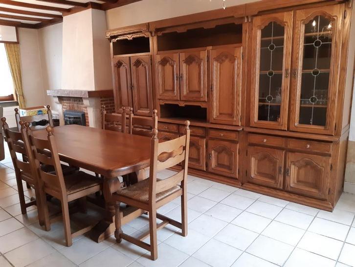 Volledige eiken eetplaats: wandmeubel, tafel en 6 stoelen, Huis en Inrichting, Complete eetkamers, Gebruikt, Ophalen