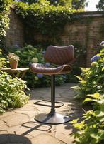 Tabouret de bar design en cuir marron et bois, Enlèvement, Comme neuf, Bois