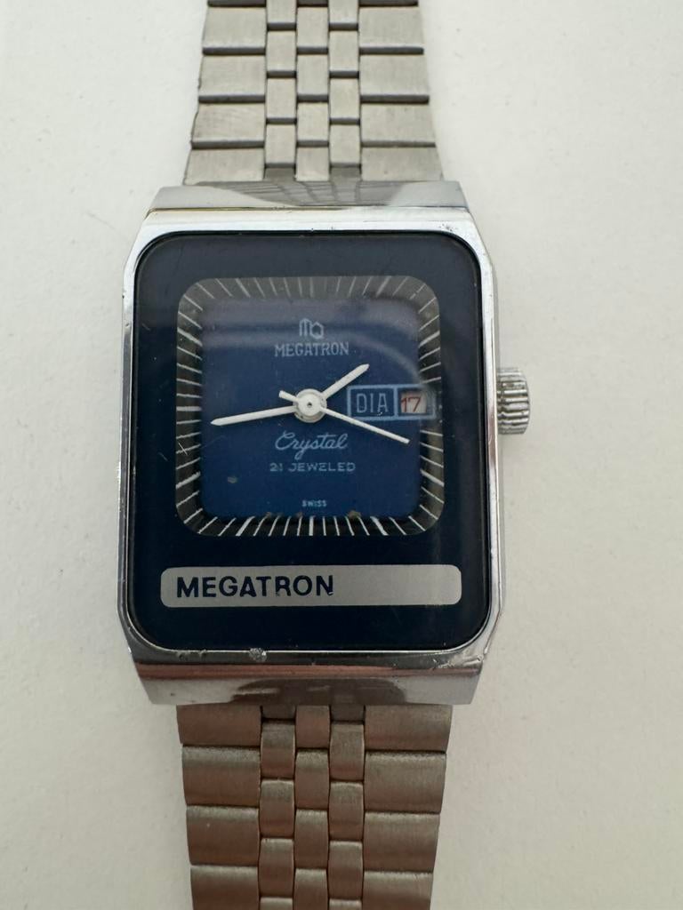 montre Megatron crystal 21 jewels mécanique vintage swiss, Antiquités & Art, Curiosités & Brocante, Enlèvement ou Envoi