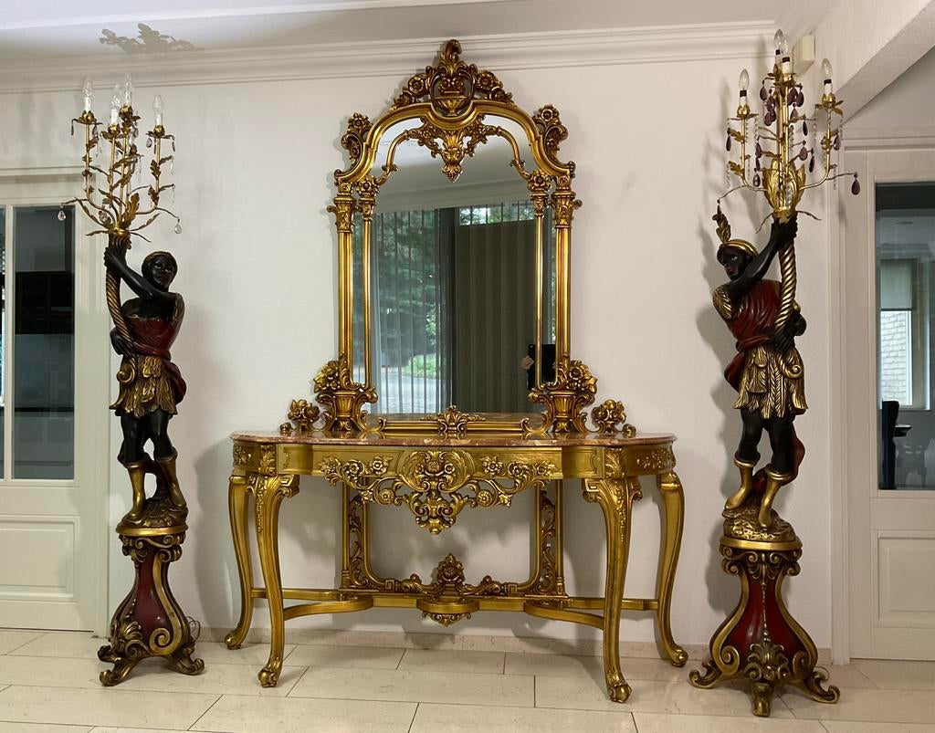 Gesigneerd set Venetian Blackamoor lampen 2.25m marmer comp., Antiek en Kunst, Ophalen