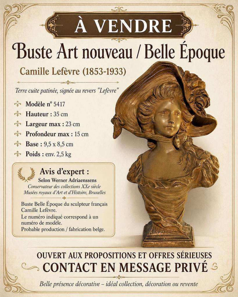 Buste Belle Époque / Art nouveau en terre cuite  Lefèvre, Antiquités & Art, Enlèvement ou Envoi, Buste