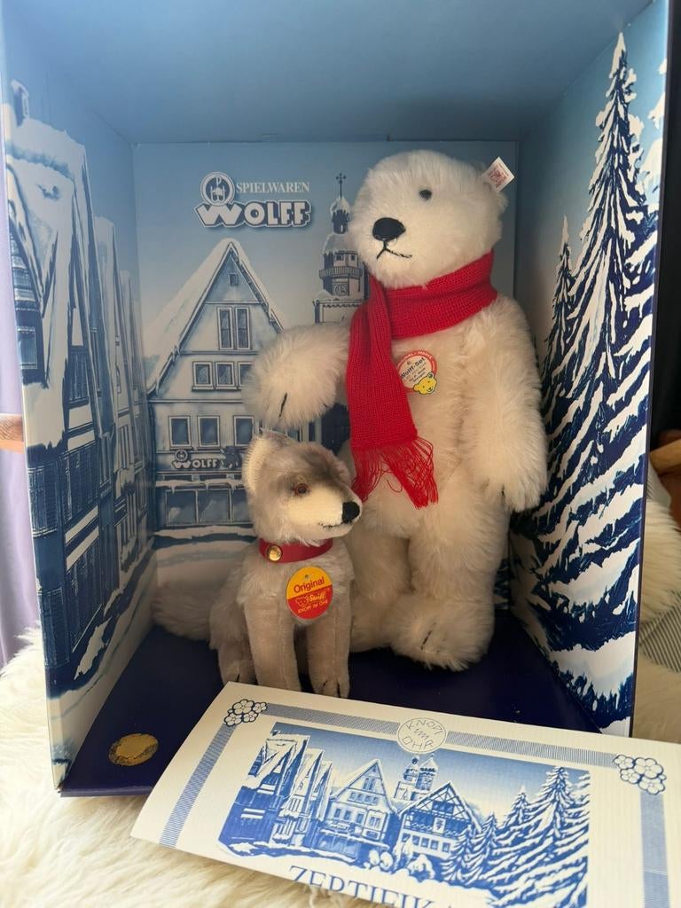 Steiff ijsbeer en wolf met doos en certificaat., Collections, Ours & Peluches, Enlèvement ou Envoi, Steiff