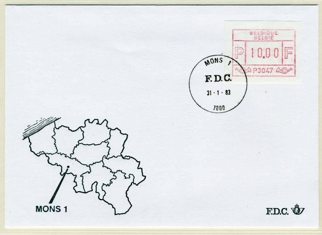(B) ATM47 FDC Envelop 1983 - Mons 1 (P3047), Met envelop, Ophalen of Verzenden, Gestempeld, 1e dag stempel