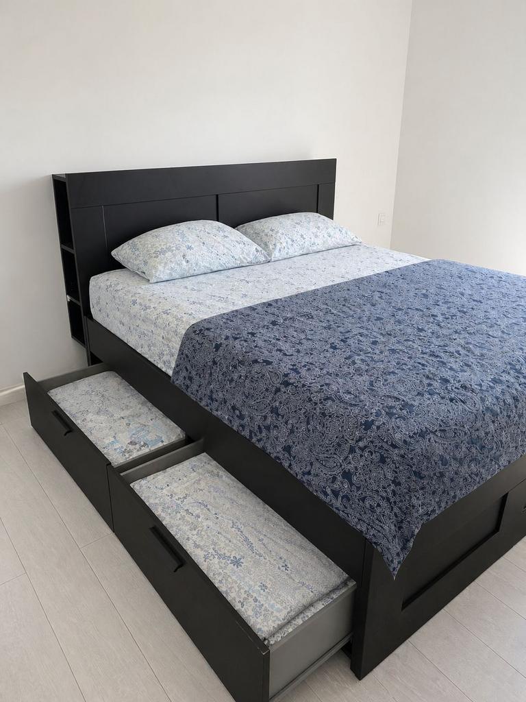 Lit BRIMNES + Matelas 160x200, Ophalen, Zwart, Tweepersoons, Zo goed als nieuw