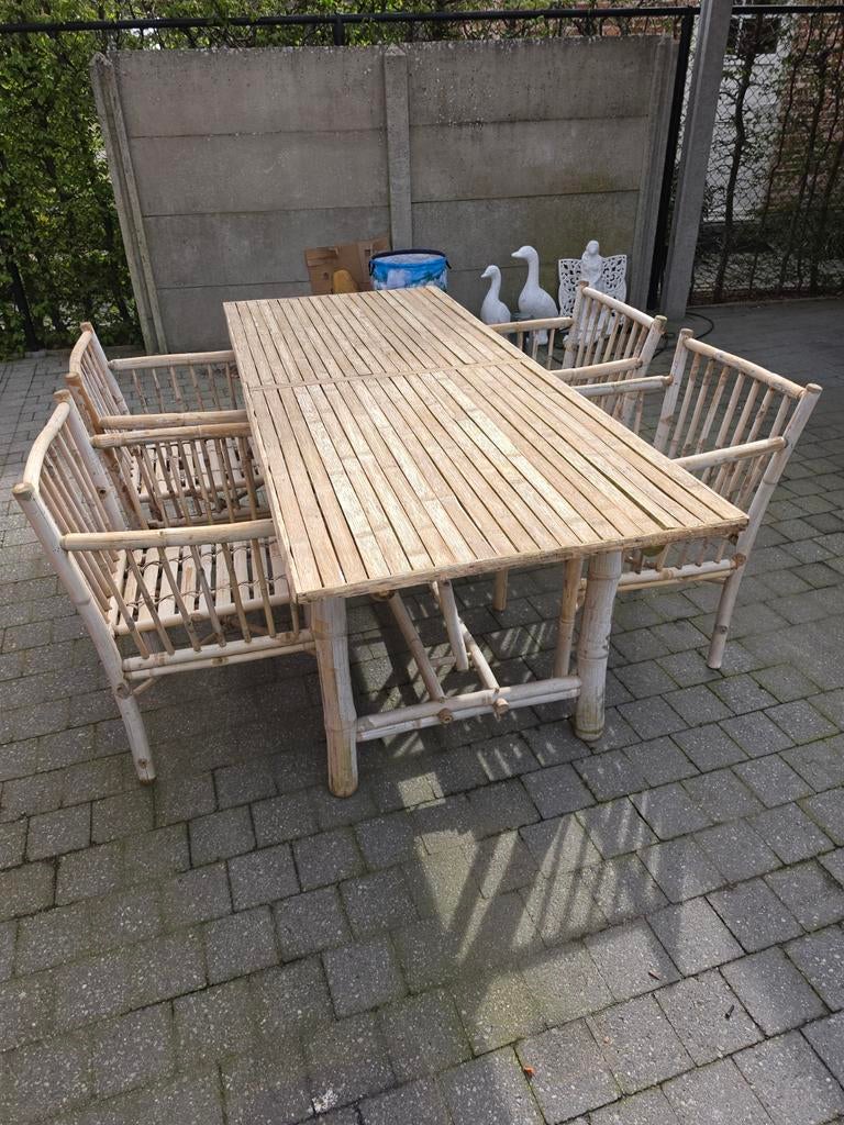 Prachtige bamboe tuinset met teak tafelblad Ibiza style, Tuin en Terras, Ophalen, 4 zitplaatsen, Gebruikt, Tuinset
