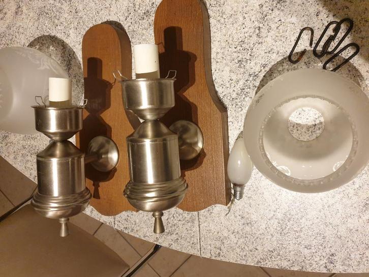 2 Muurlampjes, Huis en Inrichting, Lampen | Wandlampen, Gebruikt, Glas, Hout, Metaal, Ophalen