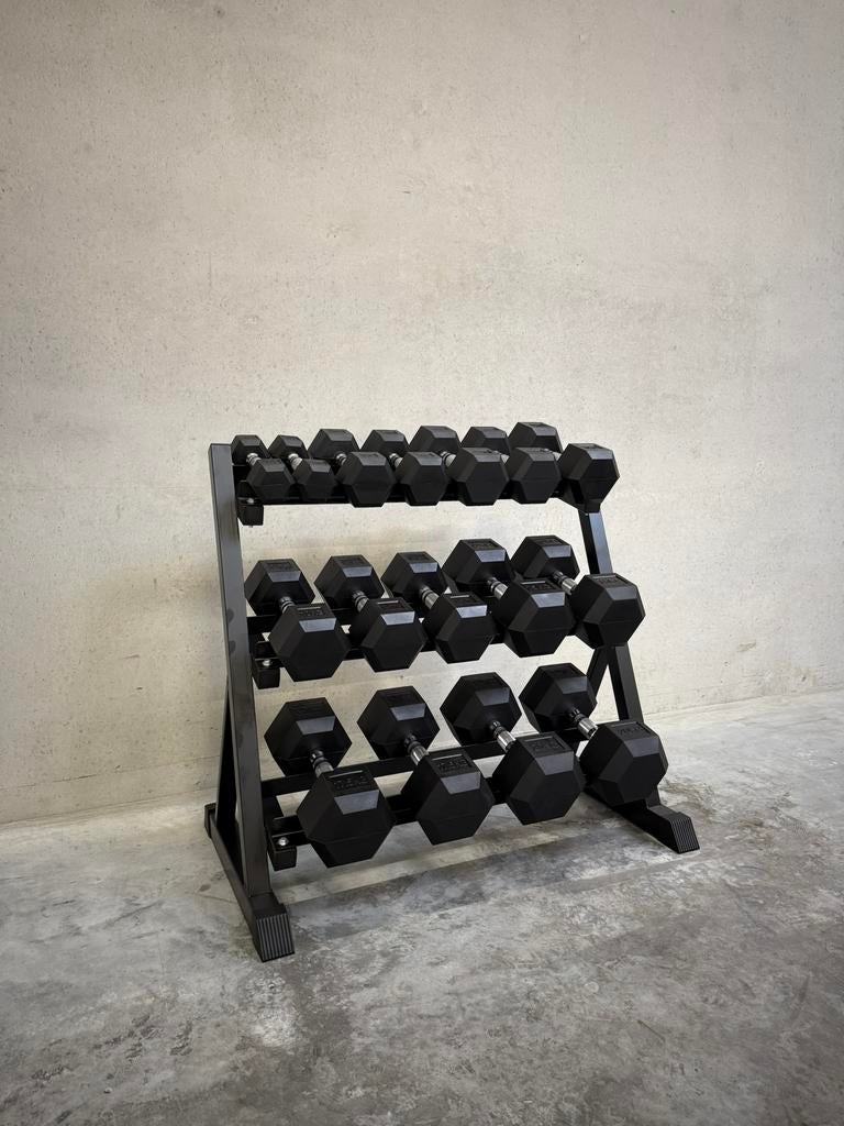Haltères hexagonaux 2,5—20 kg + support | Caoutchouc, Sports & Fitness, Équipement de fitness, Neuf, Haltère, Bras, Jambes, Pectoraux