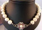 Exclusief parelcollier met 14 karaat witgouden slot & Robijn, Handtassen en Accessoires, Antieke sieraden, Verzenden, Goud, Ketting