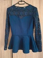 Blauwe peblum top met kanten mouwen, maat S., H&M, Blauw, Ophalen of Verzenden, Zo goed als nieuw