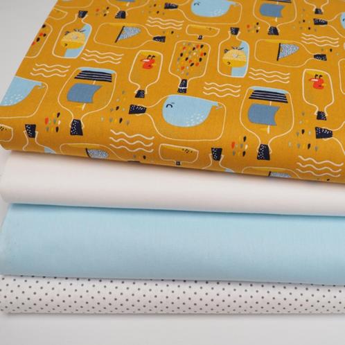 60912) 148x50cm katoen boodschap fles oker / effen blauw wit, Hobby en Vrije tijd, Stoffen en Lappen, Nieuw, Katoen, 120 cm of meer