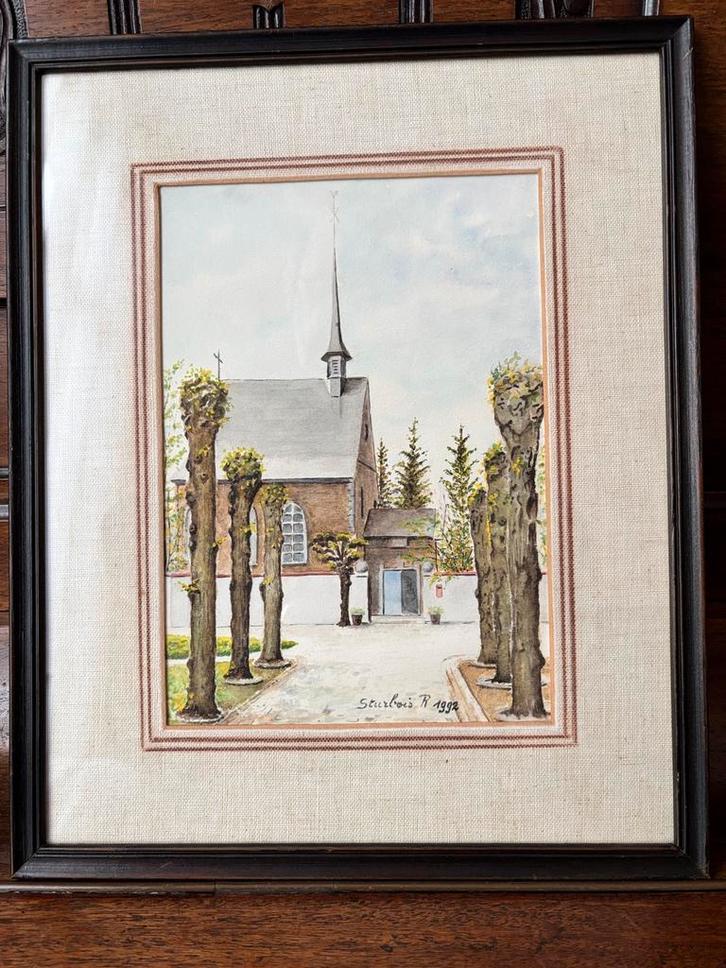 Aquarel van R. Sturbois Chapelle N-D de Bon-Vouloir in Havré, Antiek en Kunst, Kunst | Schilderijen | Klassiek, Ophalen