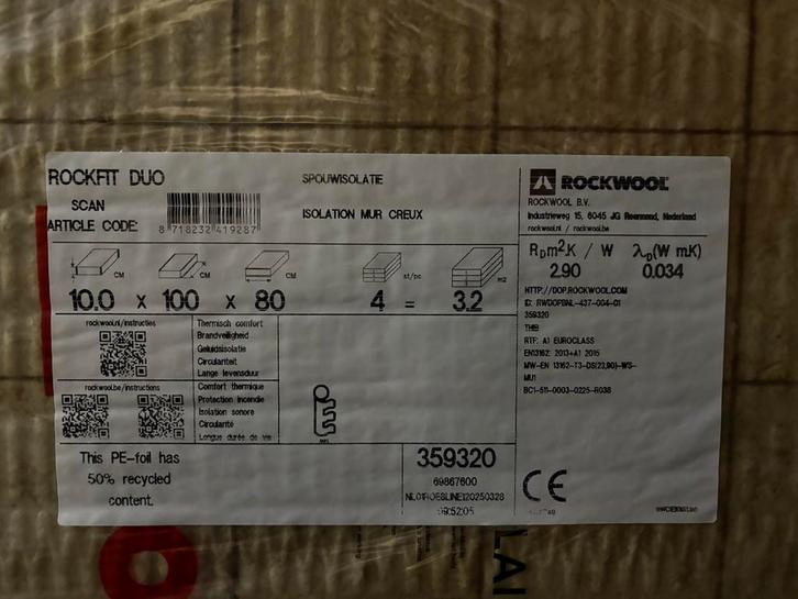 Restpartij Rockwool isolatie, Doe-het-zelf en Bouw, Isolatie en Afdichting, Nieuw, Muurisolatie, Dakisolatie, Steenwol, 8 tot 12 cm