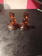 2 vintage amberkleurige glazen kandelaars, Antiek en Kunst, Antiek | Kandelaars, Ophalen of Verzenden, Glas