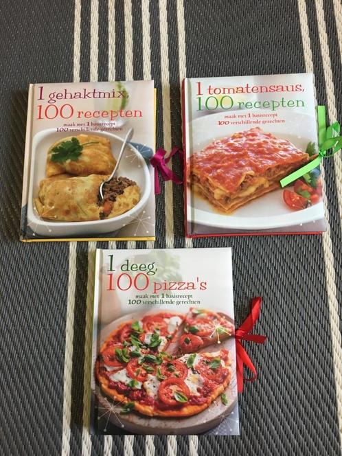 3 kookboeken van 100 recepten (gehakt/pizza/tomatensaus), Boeken, Kookboeken, Zo goed als nieuw, Hoofdgerechten, Nederland en België