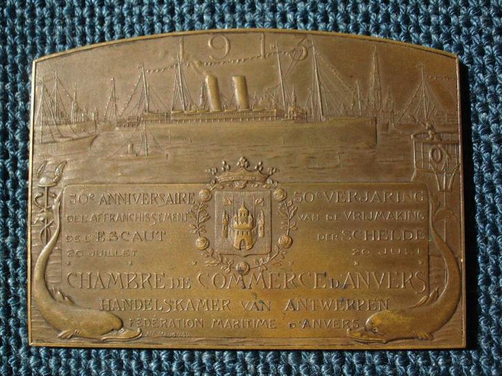 1913 brons medaille ALF. MAUQUOY ANTWERPEN 50J SCHELDE, Postzegels en Munten, Penningen en Medailles, Brons, Ophalen of Verzenden