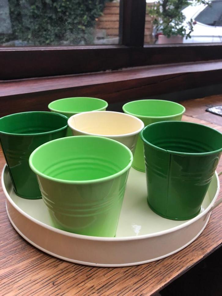 Kruidenpotjes + dienblad, Tuin en Terras, Bloempotten, Zo goed als nieuw, Metaal, Binnen, Balkon, Minder dan 40 cm, Minder dan 25 cm