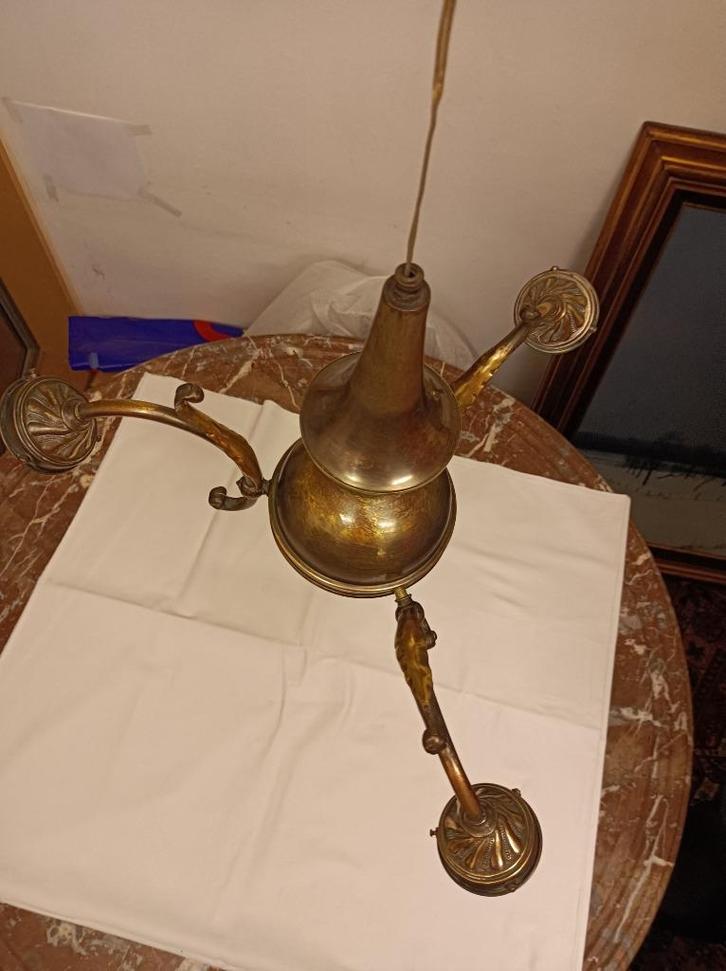 Antieke koperen luster - drie armen, Huis en Inrichting, Lampen | Kroonluchters, Gebruikt, Ophalen