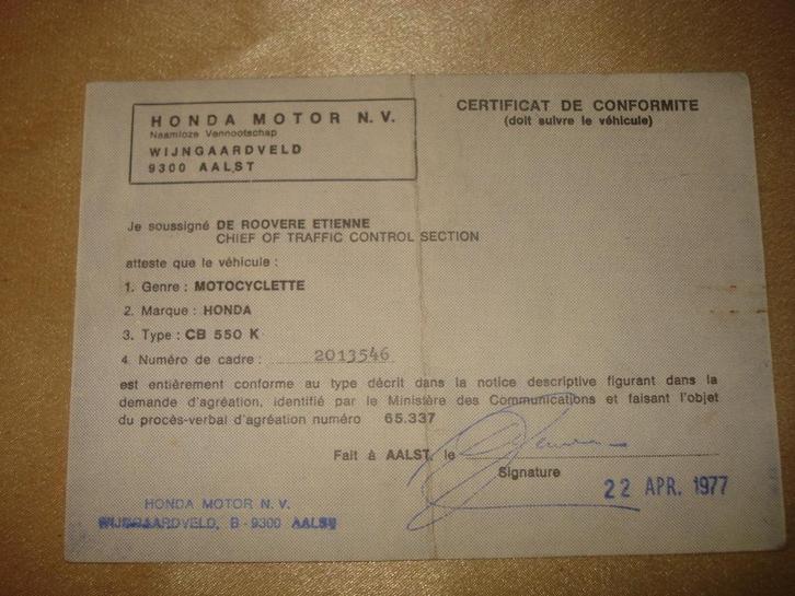 Ancien Certificat Conformité Moto Honda CB-550 K 1977, Motoren, Handleidingen en Instructieboekjes, Honda, Ophalen of Verzenden