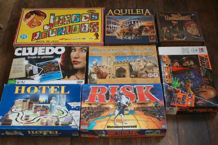 3 spellen hotel, risk, monopoly,cluedo, aquileia, maharadja, Hobby en Vrije tijd, Gezelschapsspellen | Bordspellen, Zo goed als nieuw