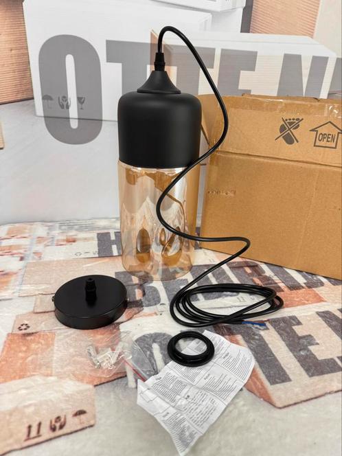 Hanglamp E27 Zwart AMBER geel Hang-lamp Glas 30CM lang Nieuw, Huis en Inrichting, Lampen | Losse lampen, E27 (groot), Ophalen of Verzenden