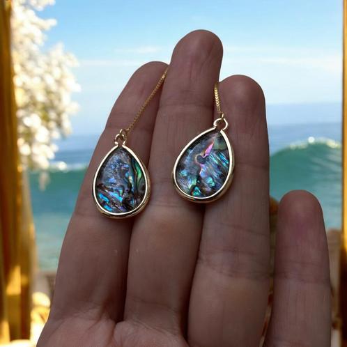 Oorbellen natuurlijke schelp abalone zilver 925 verguld met, Handtassen en Accessoires, Oorbellen, Nieuw, Hangers, Zilver, Blauw