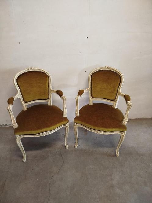 Set van 2 mooie okergele Louis XV open armstoelen, Antiek en Kunst, Antiek | Meubels | Stoelen en Sofa's, Ophalen