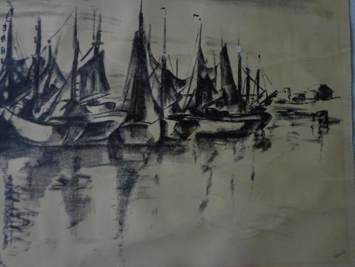 litho Willem Paerels Bootjes op zee of een rivier uit 1948, Antiquités & Art, Art | Lithographies & Sérigraphies, Enlèvement ou Envoi