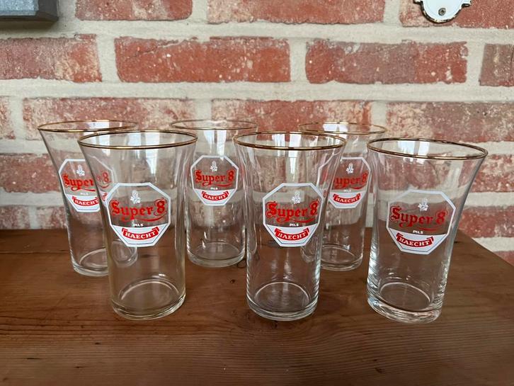 6 bierglazen Super 8 Haecht., Verzamelen, Biermerken, Ophalen