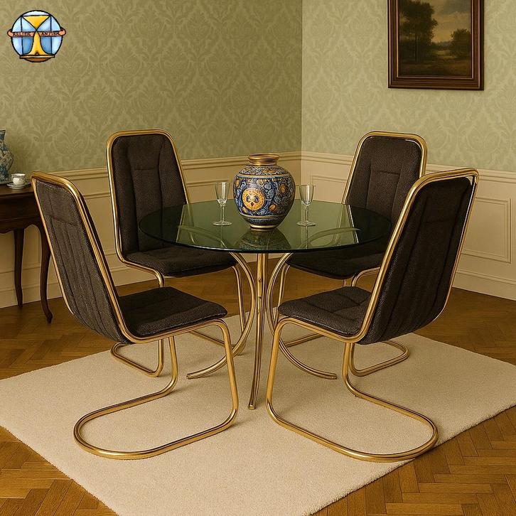 Vintage eettafel set met stoelen Gastone Rinaldi 70s messing, Huis en Inrichting, Complete eetkamers, Gebruikt, 4 tot 6 stoelen