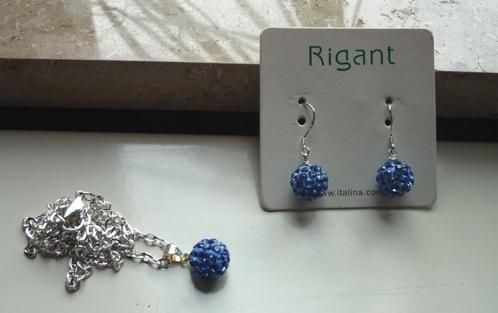 Set ketting hanger en oorbellen bol Strass Blauw Shamballa, Handtassen en Accessoires, Kettingen, Zilver, Blauw, Met hanger, Ophalen of Verzenden